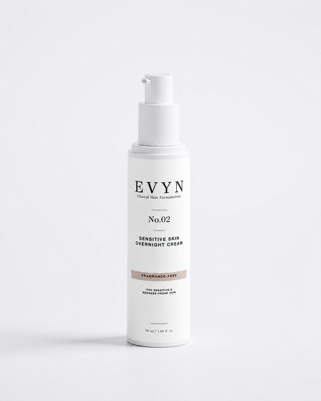 EVYN No.02 fragrance-free overnight cream in a white pump bottle.