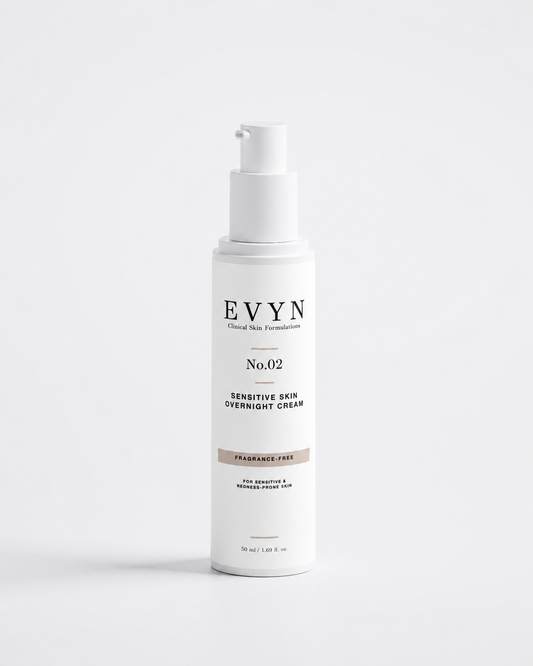 EVYN No.02 fragrance-free overnight cream in a white pump bottle.
