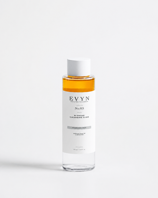 EVYN No.03 fragrance-free bi-phase cleansing fluid in a clear 100 ml bottle.