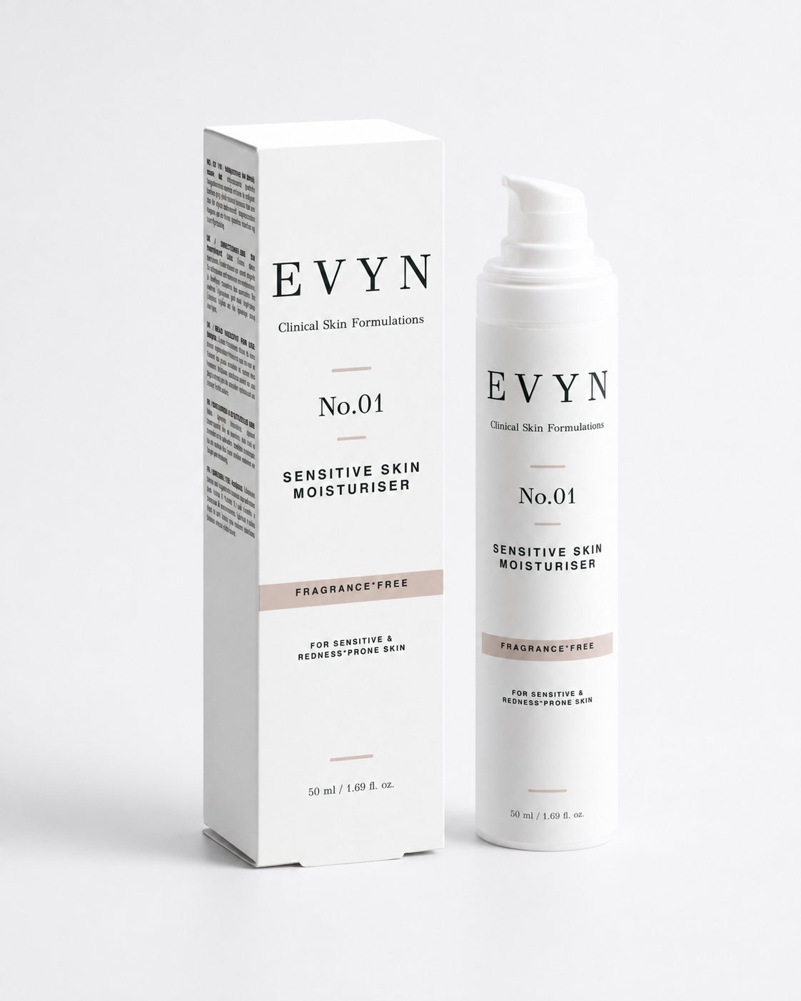 EVYN No.01 Sensitive Skin Moisturiser with white carton packaging.