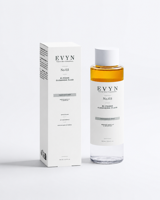 EVYN No.03 Bi-Phase Cleansing Fluid with white carton packaging.