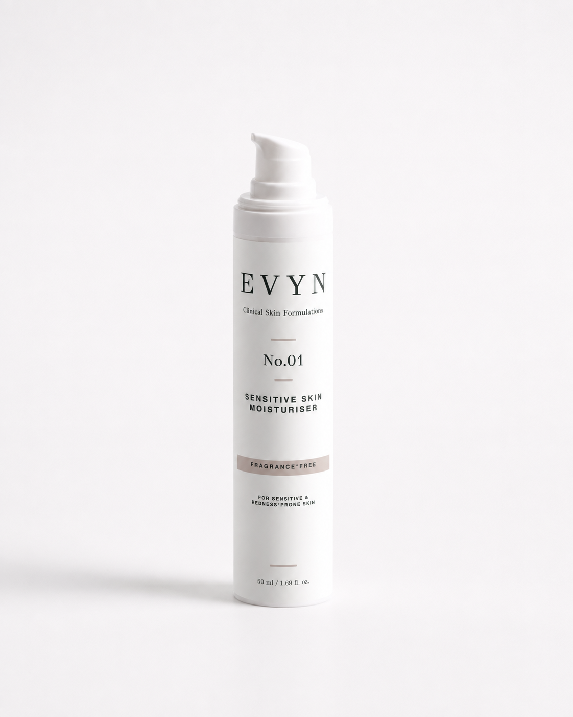 EVYN No.01 fragrance-free moisturiser in a white pump bottle.