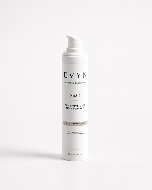 EVYN No.01 fragrance-free moisturiser in a white pump bottle.